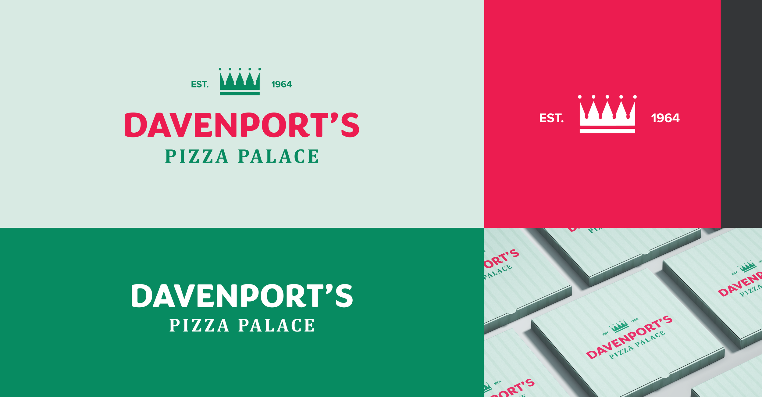Design mockup of a pizza place logo with a crown icon, 'EST. 1964' on either side, and the text 'Davenport's Pizza Palace' in red and green on a light background.