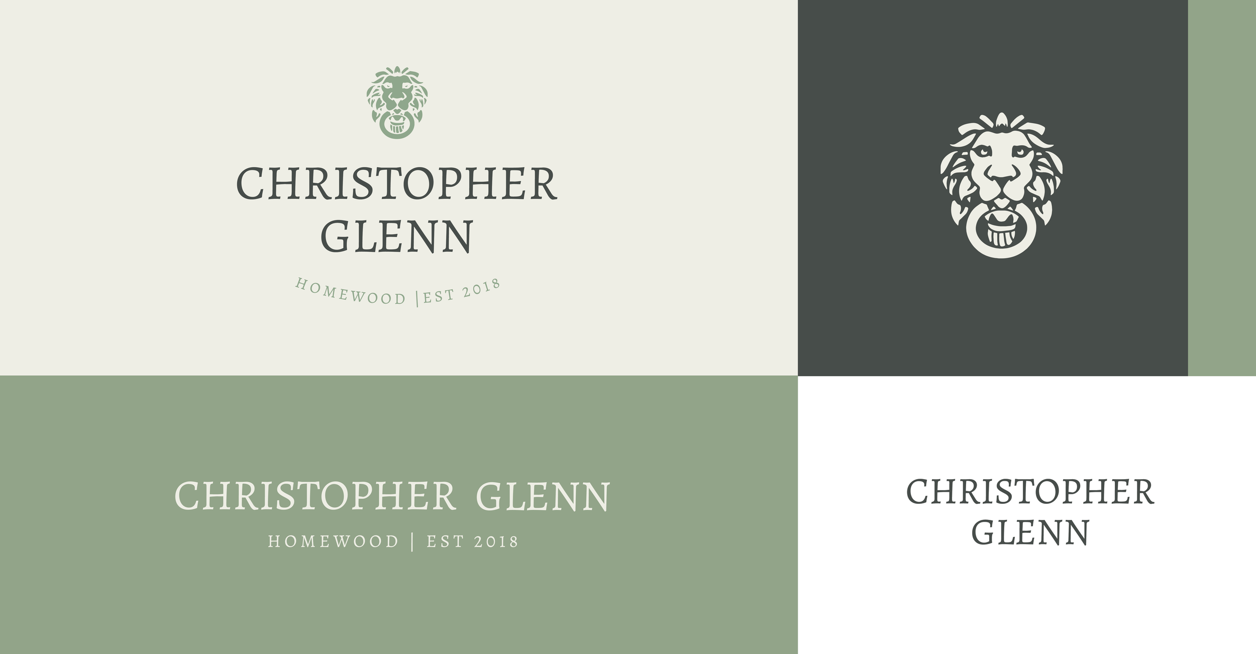 Brand logo featuring a stylized lion's head above the name 'Christopher Glenn' with the tagline 'Homewood | Est 2018' on a minimalist background in shades of green and gray.