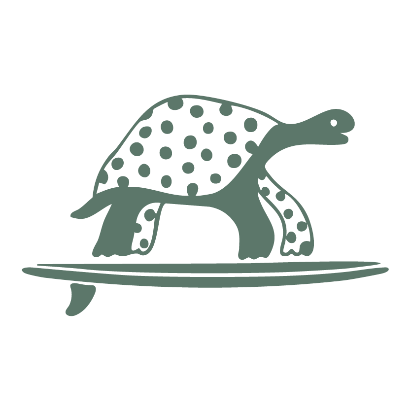 Illustration of a turtle with polka dots, walking on a surfboard.