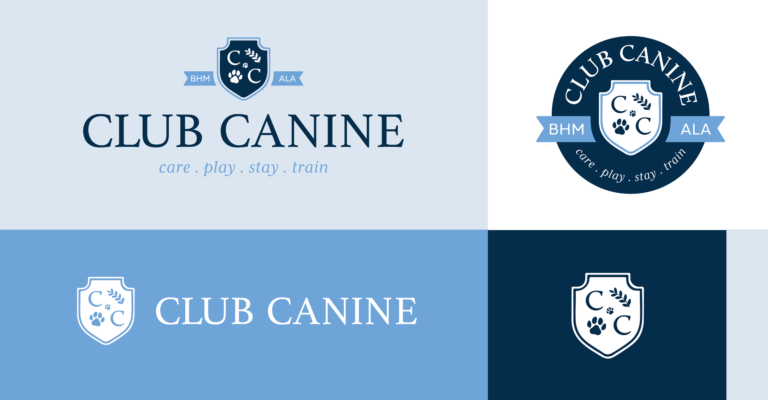 Multiple versions of the logo for Club Canine, featuring a shield with a paw print, a leaf, and the letter 'C' on a dark blue background, with the words 'care, play, stay, train' and a banner with initials 'BHM' and 'ALA'