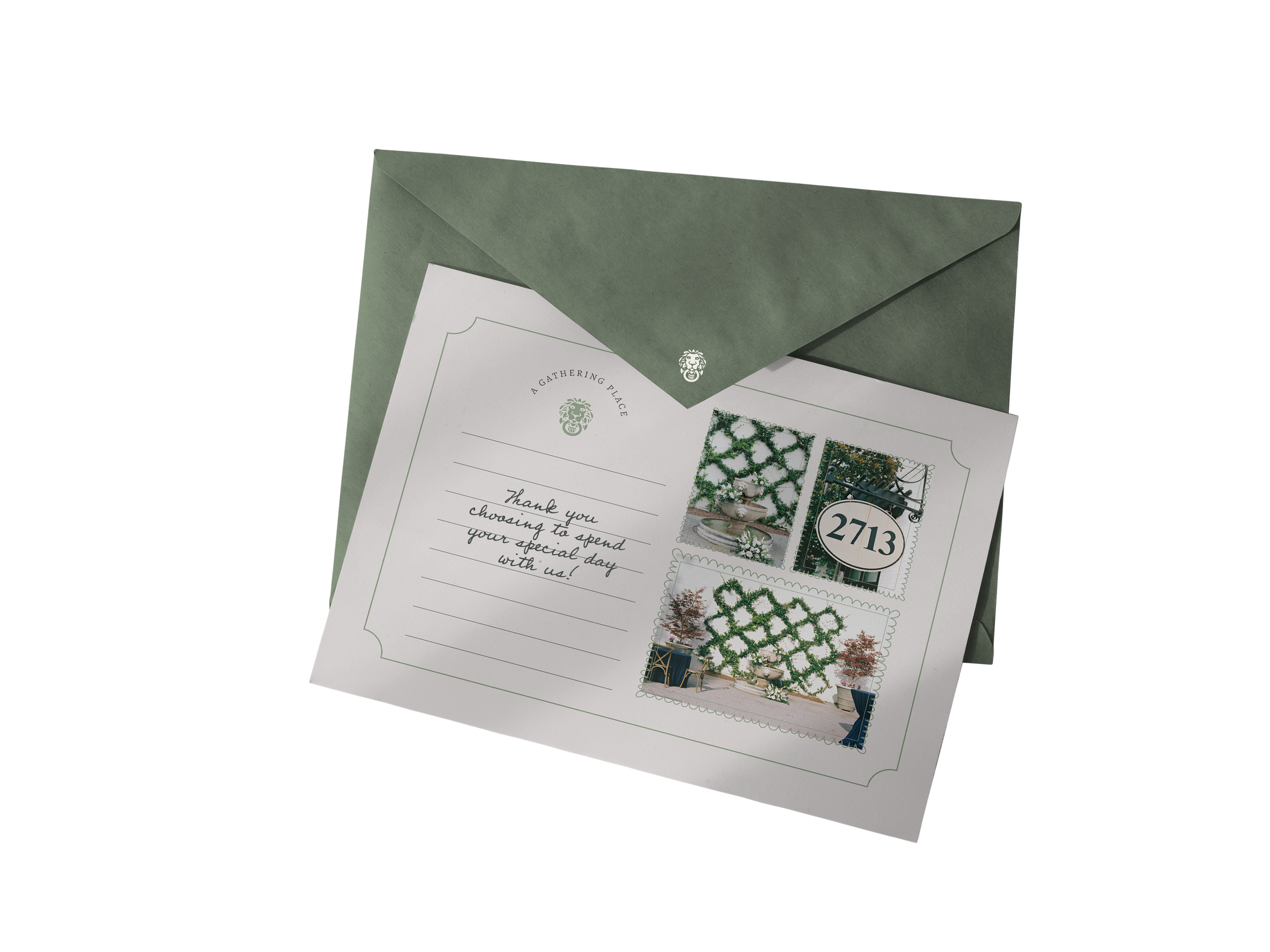 Close-up of a green envelope with a letter inside, featuring decorative stamps and a handwritten message.