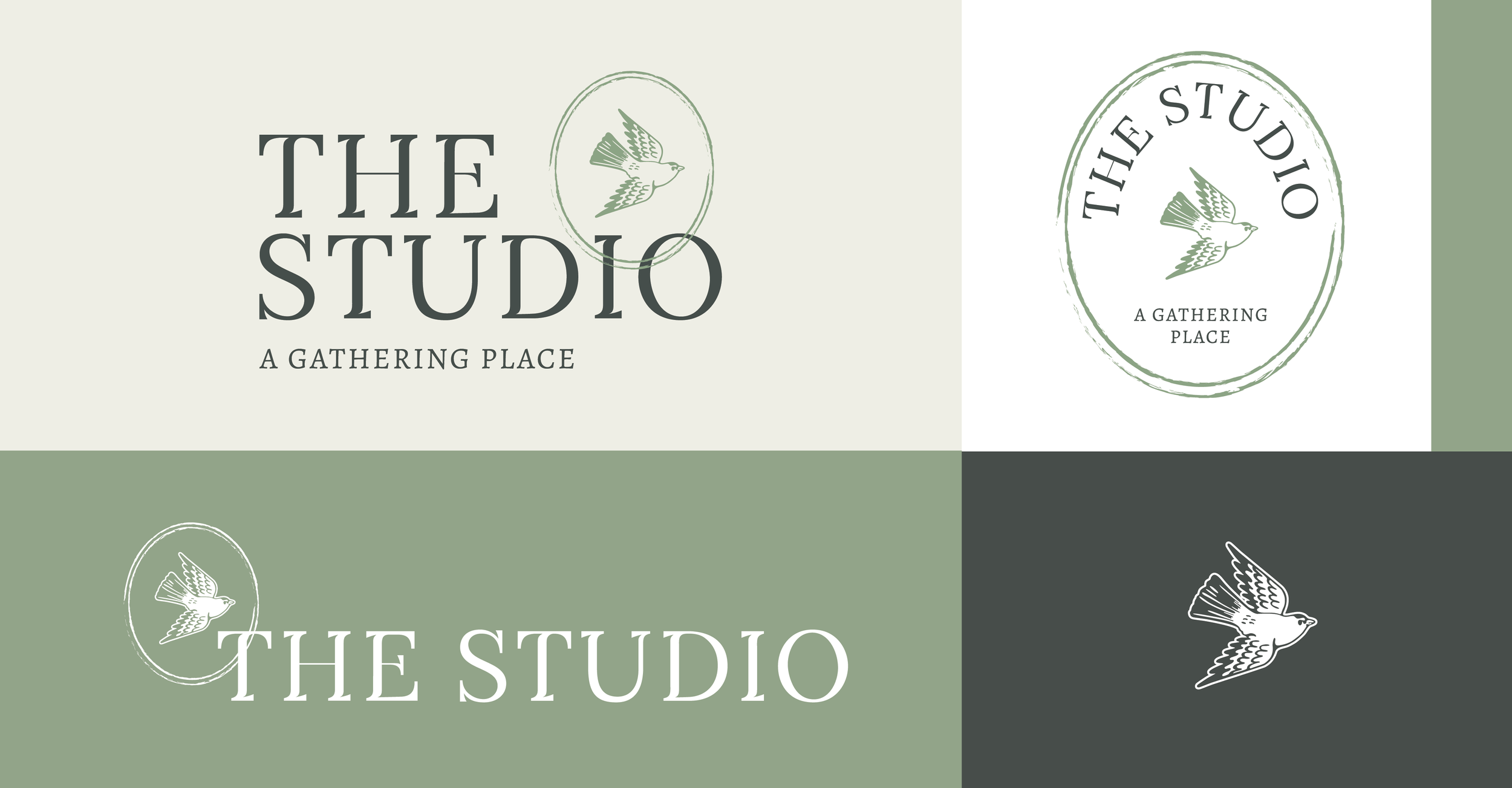 A graphic design with the text 'The Studio' and 'A Gathering Place', featuring a stylized bird logo in different circular insignias and a color palette of soft green, white, and black.