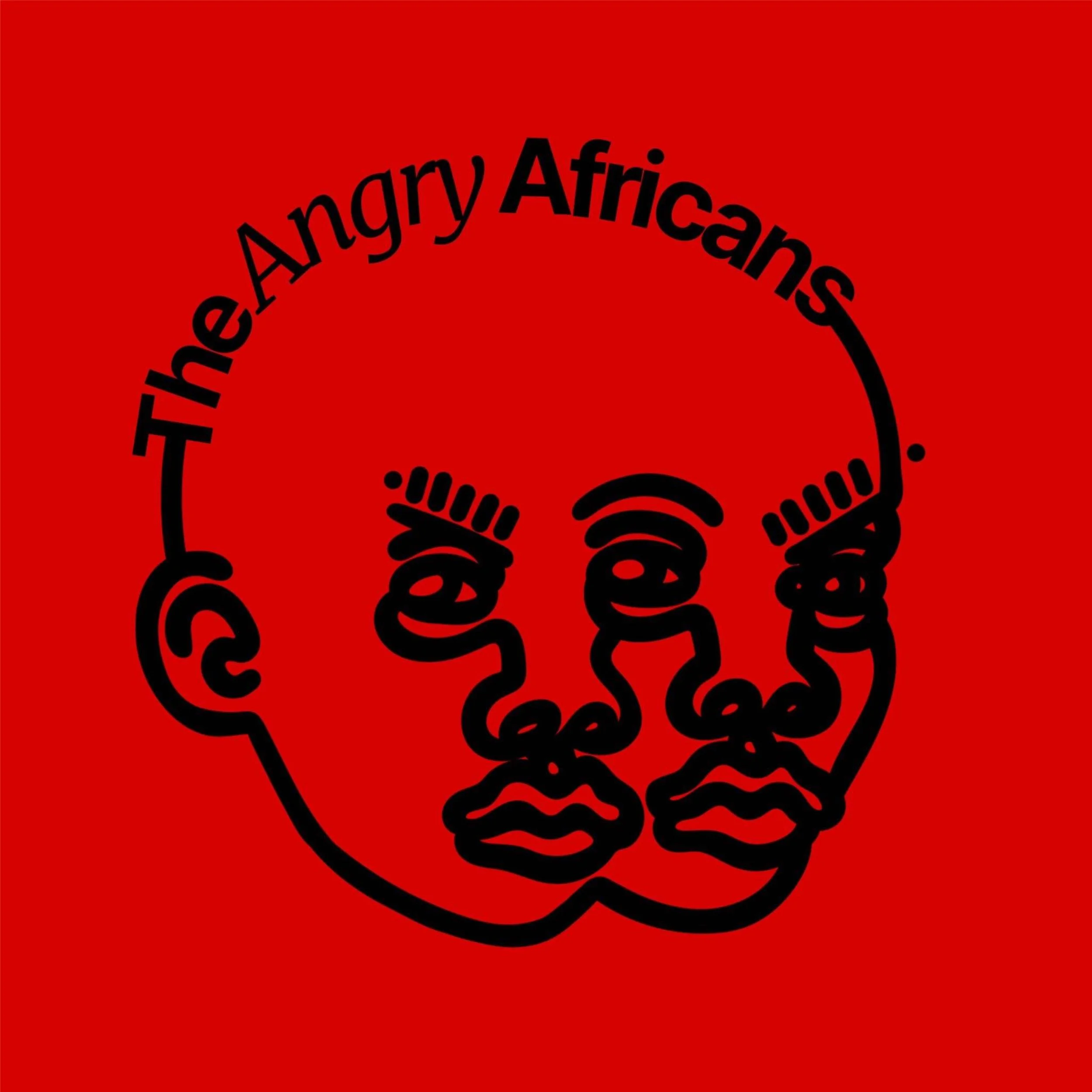 Red background with black outline of two faces merged together, with the text 'The Angry Africans' curved above them.