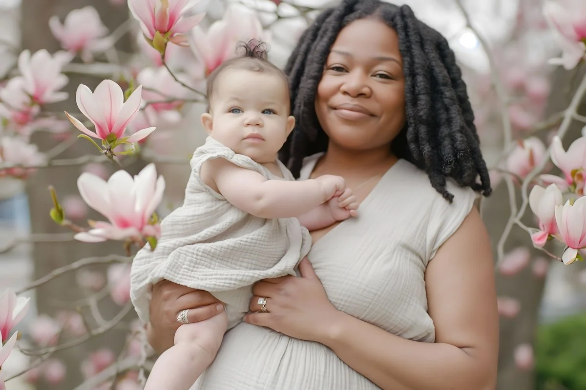 A Black woman with dark, curly hair holds a young baby girl with light skin and blue eyes near pink blooming flowers in a garden.