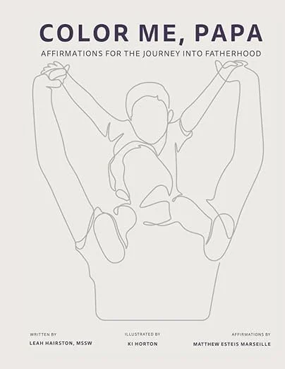 Book cover titled "Color Me, Papa," featuring a simple line drawing of a father with a child on his shoulders.