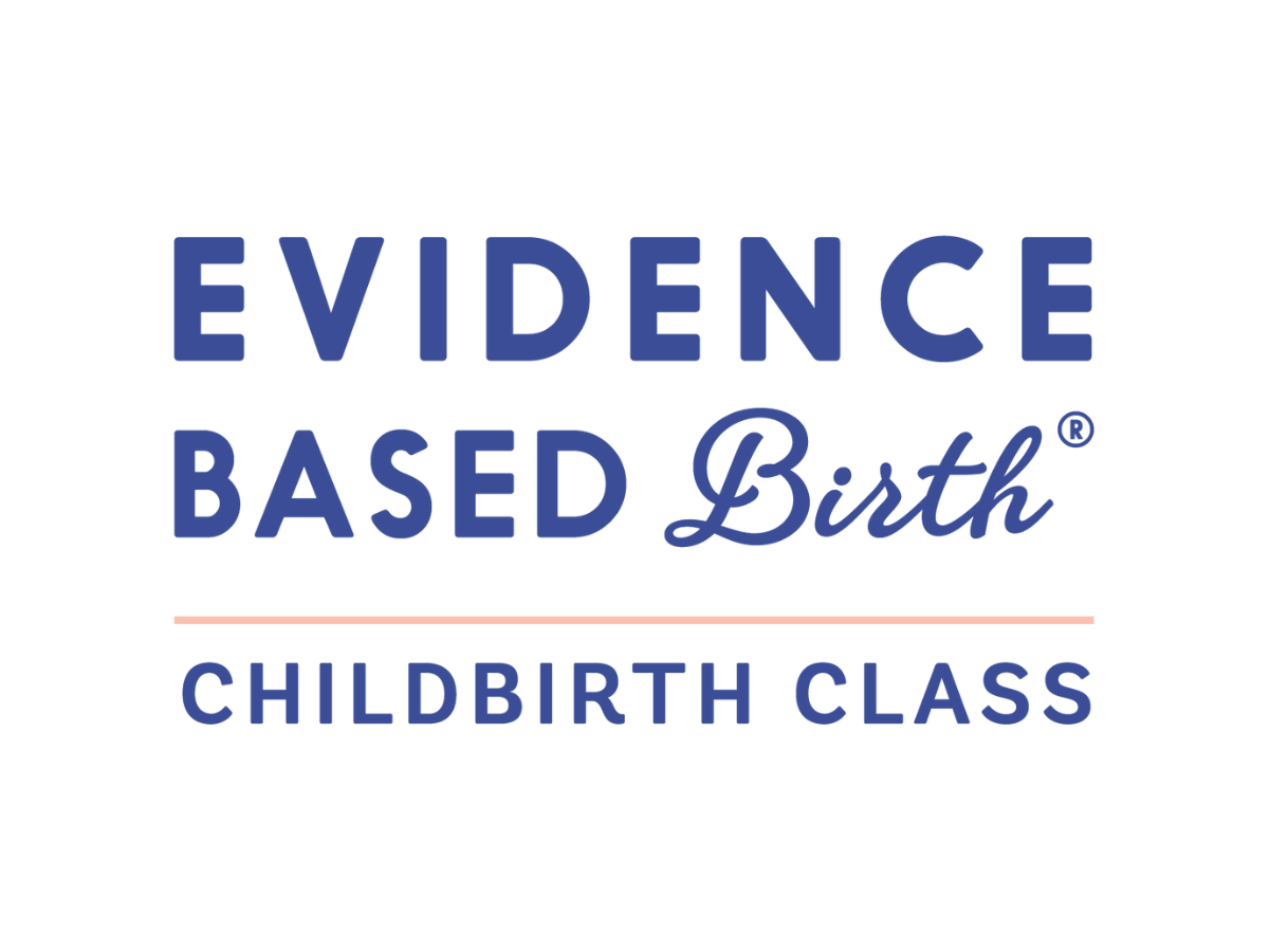 Logo with text 'Evidence Based Birth Childbirth Class' in blue with a pink line underneath.