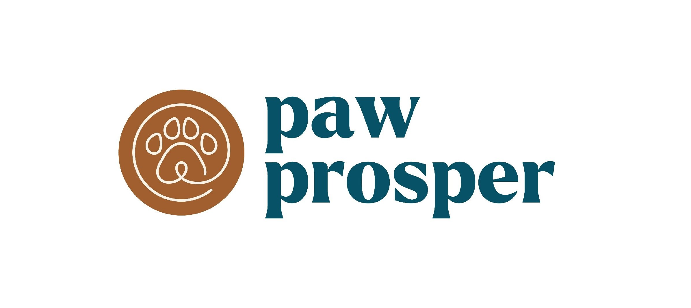The logo features a stylized brown paw print inside a brown circle with the words 'paw prosper' in blue text to the right.