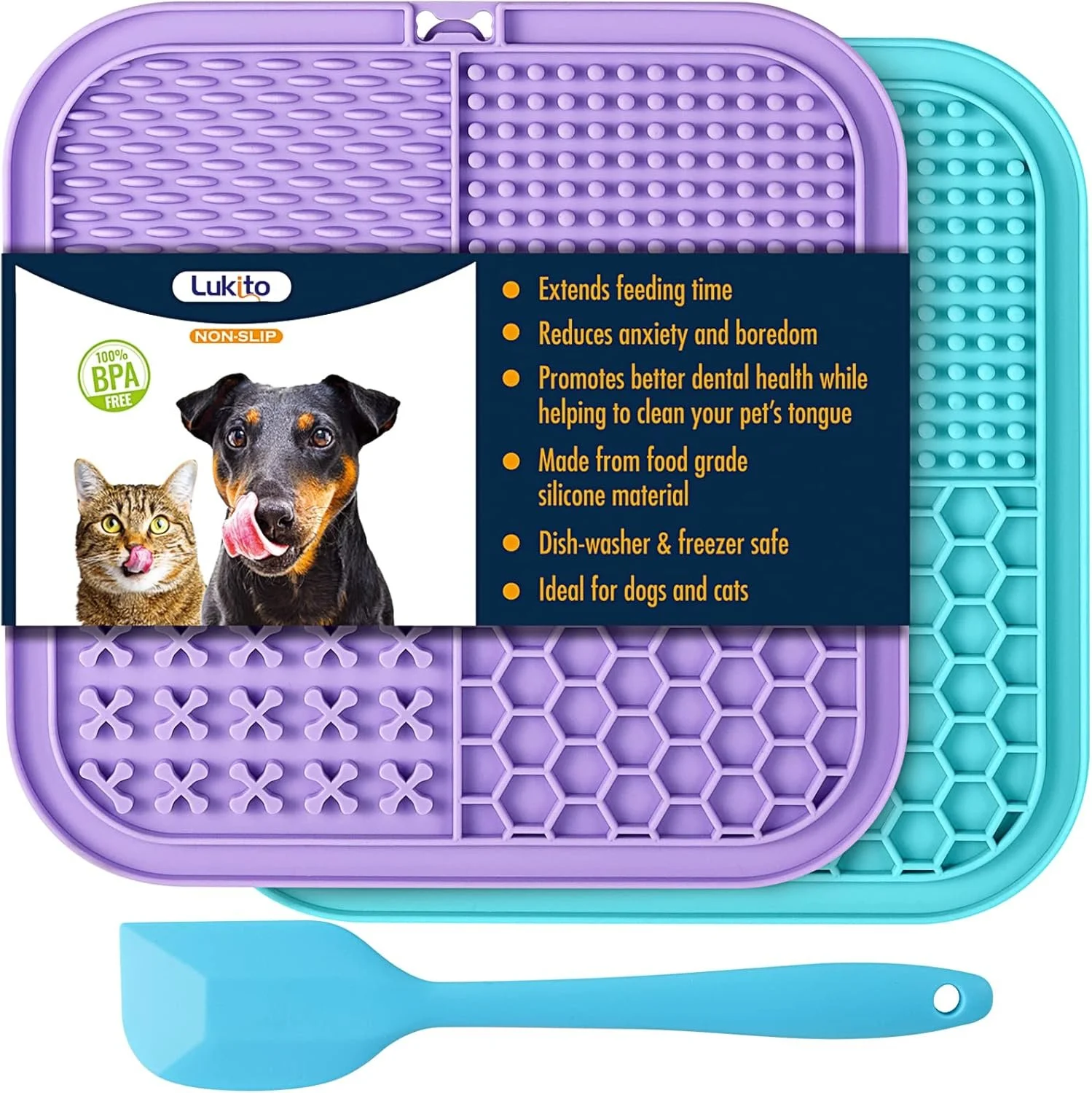 Set of two silicone pet lick mats, one purple and one teal, with a dog and a cat on the packaging; blue pet spatula below, all designed for dogs and cats, made from food-grade silicone, dishwasher and freezer safe, to extend feeding time and promote dental health.