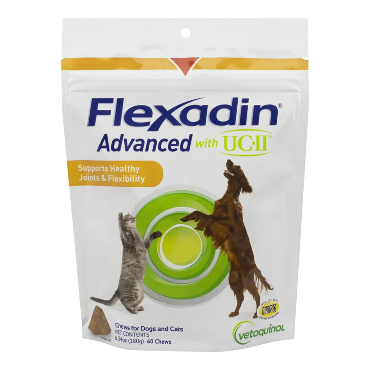 Bag of Flexadin Advanced with U.CII dog and cat chews, supporting joint health and flexibility, featuring a picture of a cat on the left and a dog on the right.