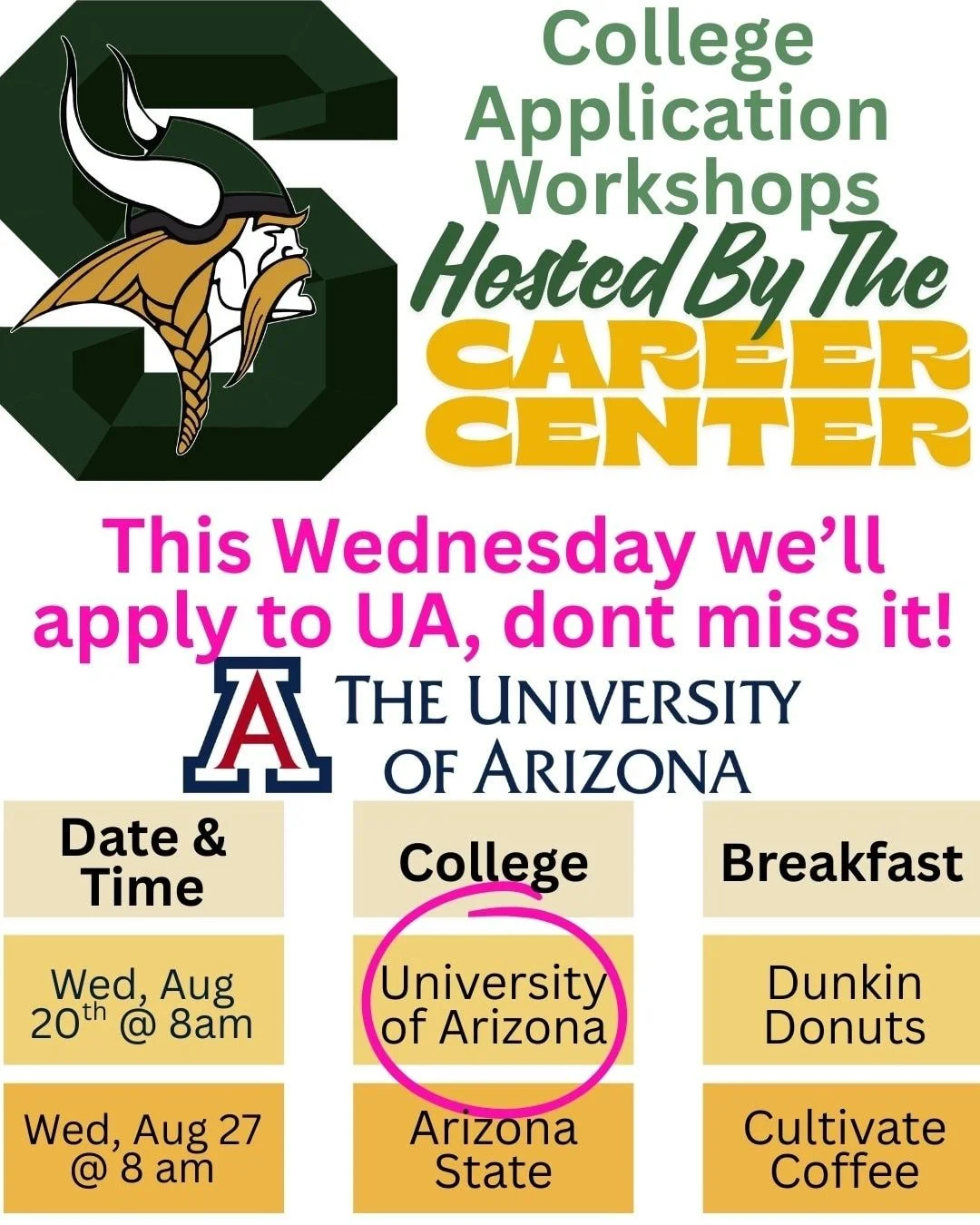 The Career Center is hosting a University of Arizona Application Workshop this Wednesday!
Seniors - don’t miss this chance to get step-by-step guidance on completing your U of A application and asking questions in real time.