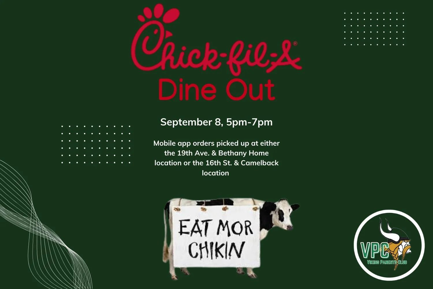 Skip the kitchen and join us for our first Dine Out Night of the year at Chick-fil-A on Monday, September 8!
Just place your order through the Chick-fil-A app to pick up at either of the two participating locations, and 15% of your mobile order will