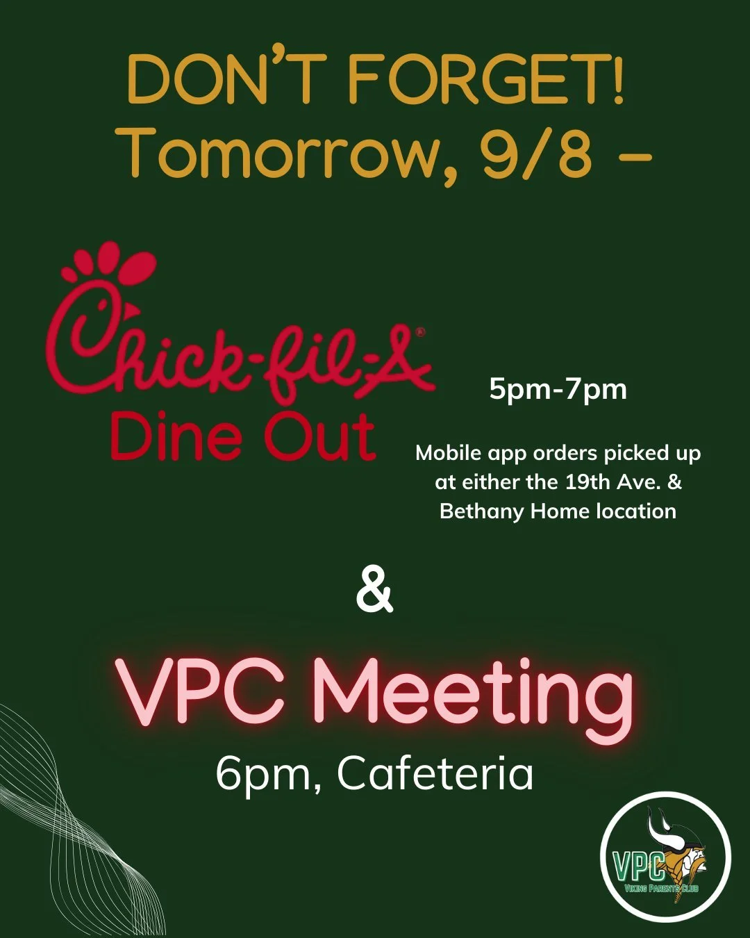 Skip the cooking and support Sunnyslope at our Chick-fil-A Dine Out Night! Place your order through the Chick-fil-A app or website to pick up at the Bethany Home and 19th Ave. location, and 15% of ALL mobile orders will go back to VPC.
Then head ove