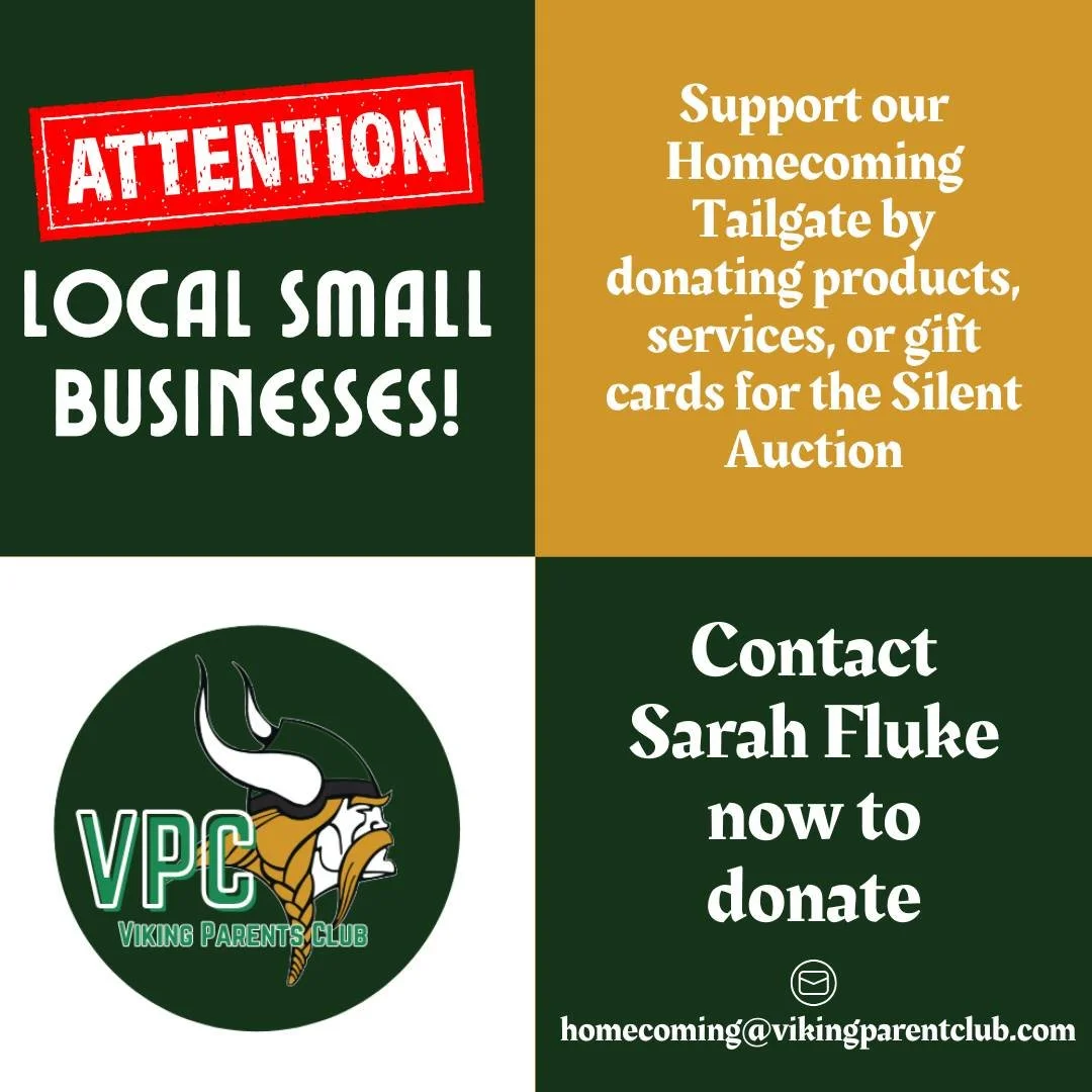 CALLING ALL LOCAL BUSINESSES! We’re looking for donations to make our Homecoming Tailgate Silent Auction a huge success!
How you can help:
- Donate products, services, or gift cards
- Provide experiences or local swag to feature in auction bas