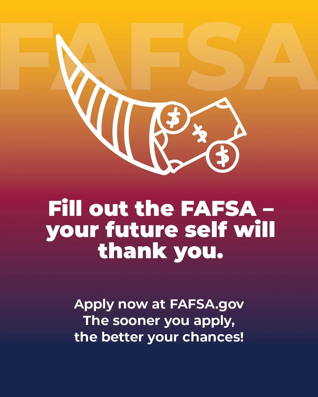 ATTENTION SENIORS! COMPLETE YOUR FAFSA APPLICATION NOW!

What is it? The FAFSA is the Free Application for Federal Student Aid, your first step toward money for college or career training. It&rsquo;s free to complete!

Why do it? It opens the door to