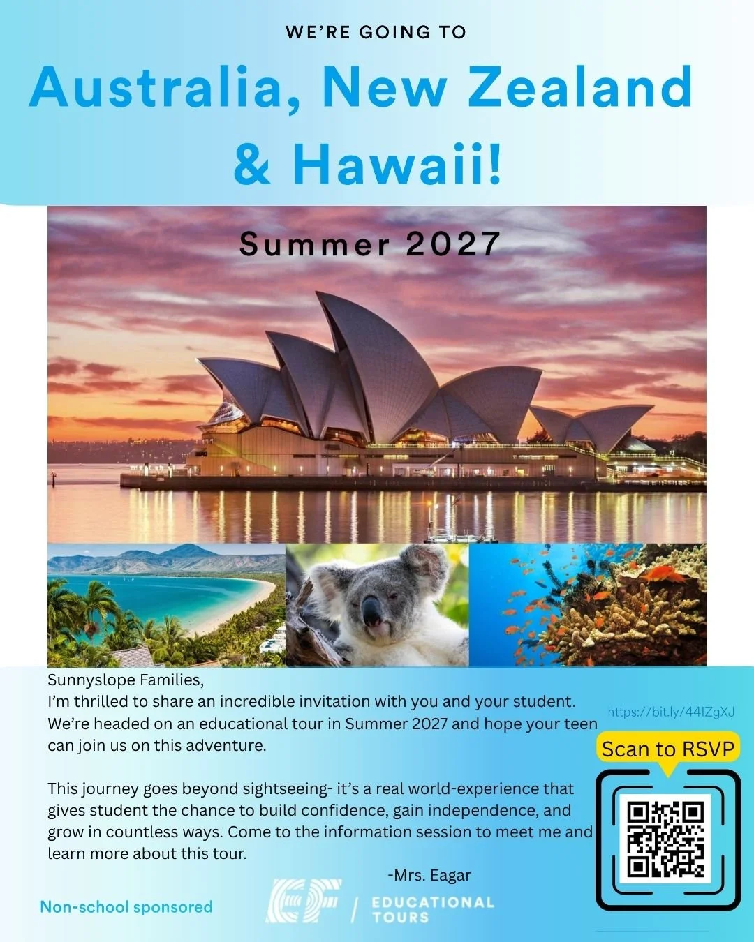 INFO MEETING HAPPENING TONIGHT! 

Summer 2027: SHS students are headed to Australia &amp; New Zealand! If you&rsquo;re interested in learning more about this trip, scan the QR code or visit https://bit.ly/44IZgXJ to RSVP for tonight's meeting.