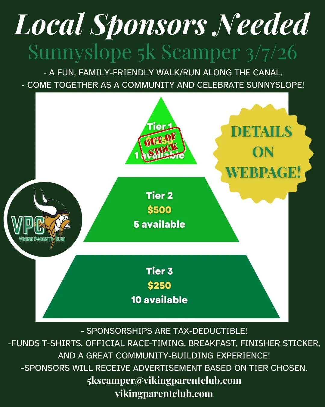 Calling all Sunnyslope-area businesses!

Become a sponsor for the 2026 Sunnyslope 5K Scamper and get your brand in front of our entire community. Email 5kscamper@vikingparentclub.com to join us! Click the link in our bio to find out more.