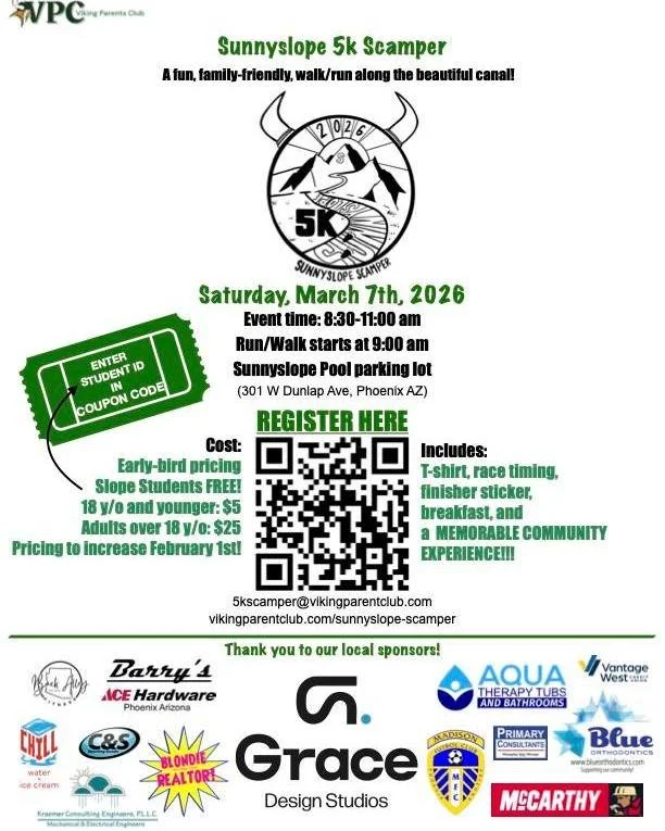Resolution check: run more in 2026? We&rsquo;ve got you covered! Registration is open for the Sunnyslope 5K Scamper on March 7, 2026. Whether you plan to run, jog, or walk, everyone&rsquo;s welcome.

Register now for the early bird discount! Link in 