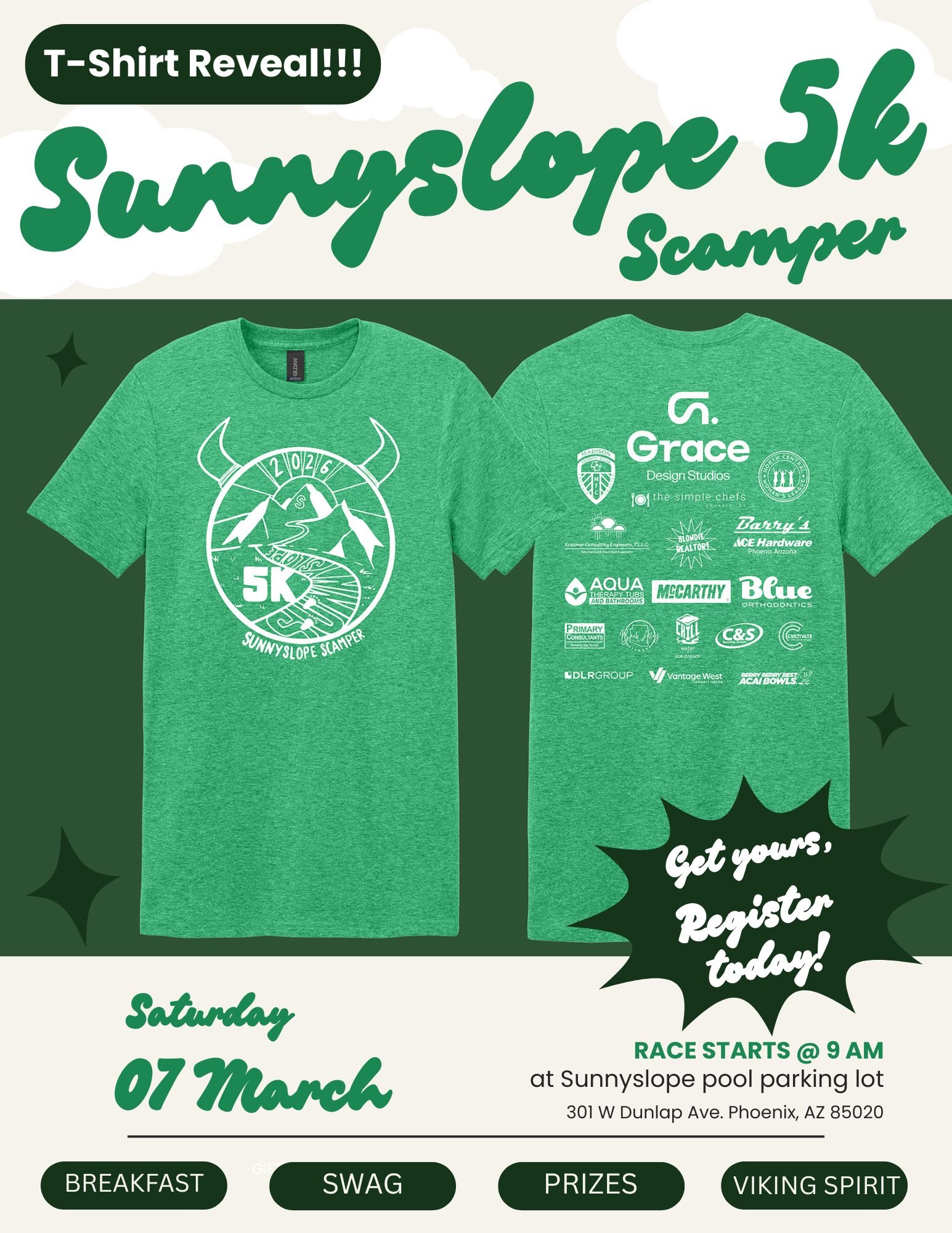 The official Sunnyslope 5K Scamper race t-shirt design is here!

We&rsquo;re so excited to reveal this year&rsquo;s look; and the only way to get your hands on one is to register for the March 7th race! Don&rsquo;t wait! Sign up today, secure your sh