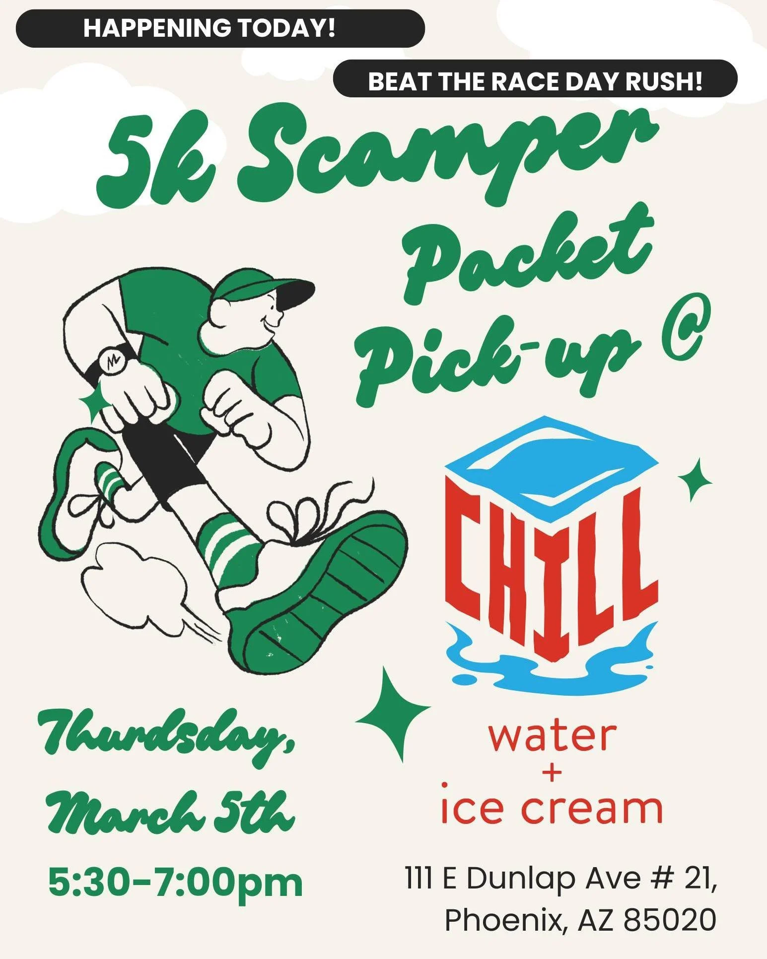 Don't forget - you can pick up your Scamper race day packet today at @chill.phx!