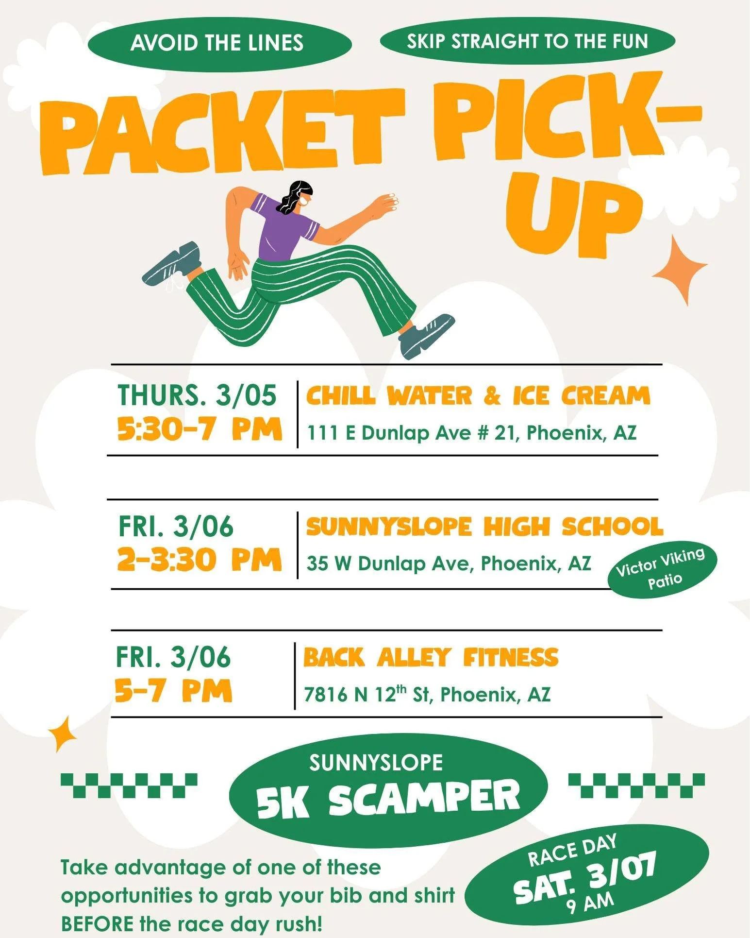Today is your last chance to grab your Scamper race packet before race day and there are two opportunities to pick it up today!