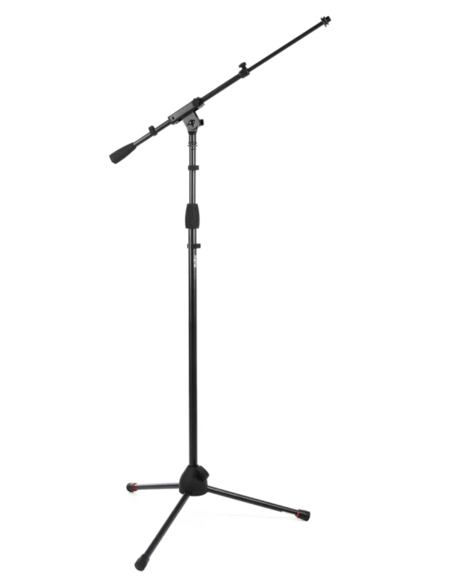 A black microphone boom stand with an adjustable arm and tripod base on a white background.