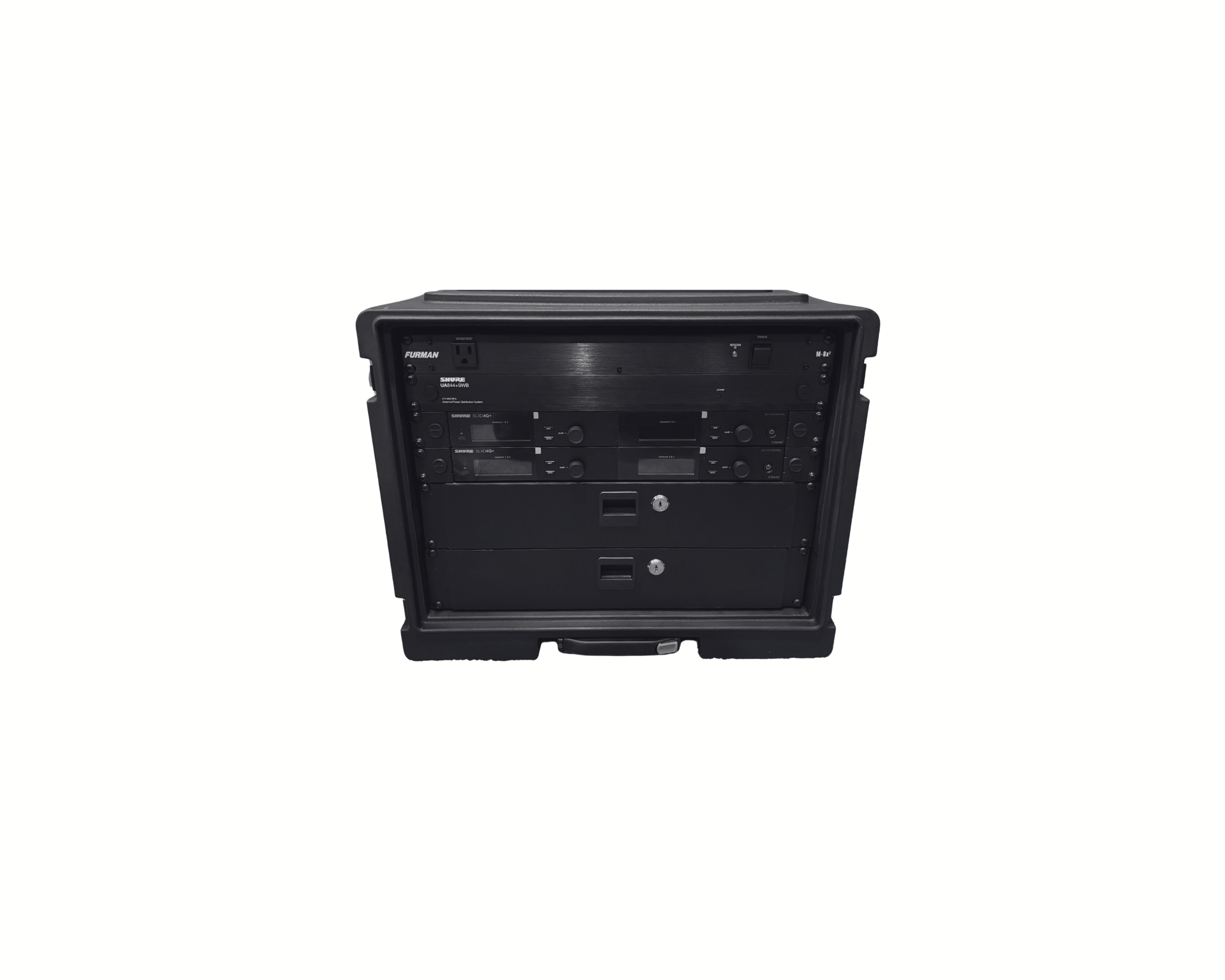 Black rolling equipment rack with audio and electronic components, power outlet, and control panels.