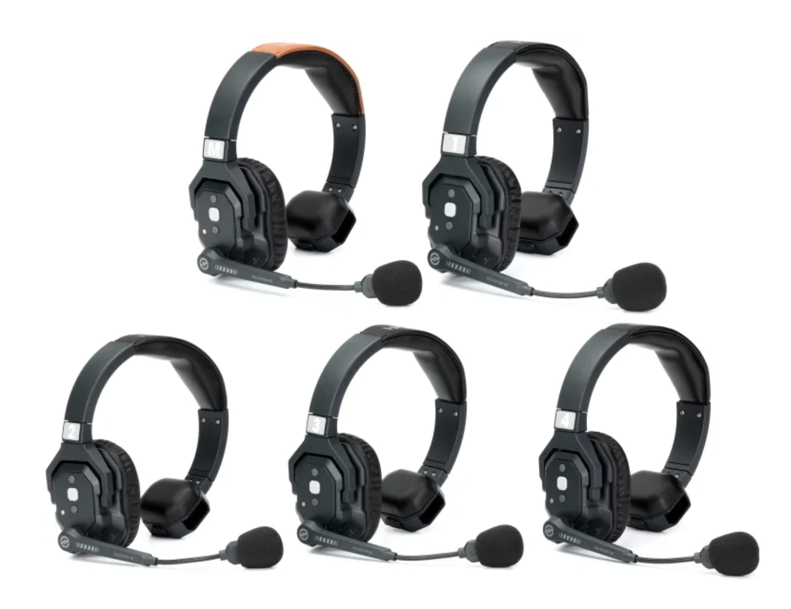 A set of five gaming headsets with microphones, arranged in a 2x3 grid, with a pair in the top row and three in the bottom row.