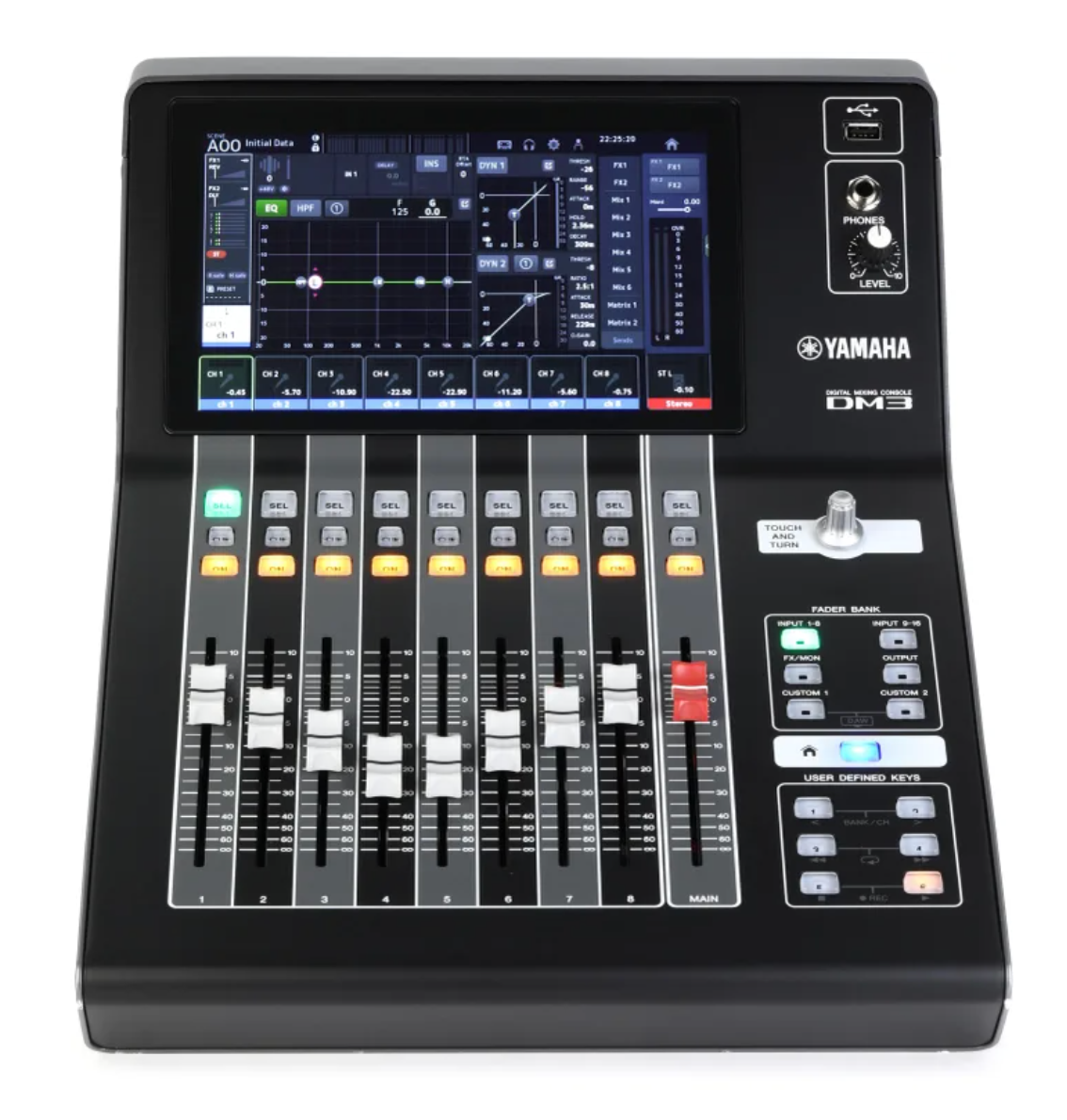 Yamaha digital audio mixer with touchscreen display, faders, and control knobs.