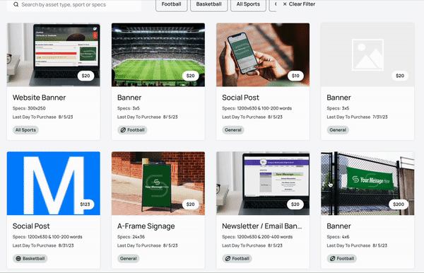 Grid layout of various advertising templates including website banners, social media posts, and signage, each with prices and purchase dates, filtered by sports themes.