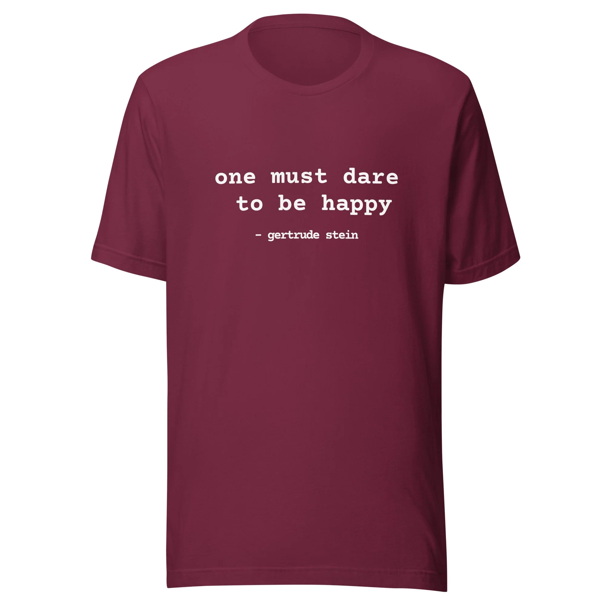 Nene & Wolf Be Happy tee in maroon, wearable philosophy shirt, minimal word-based apparel