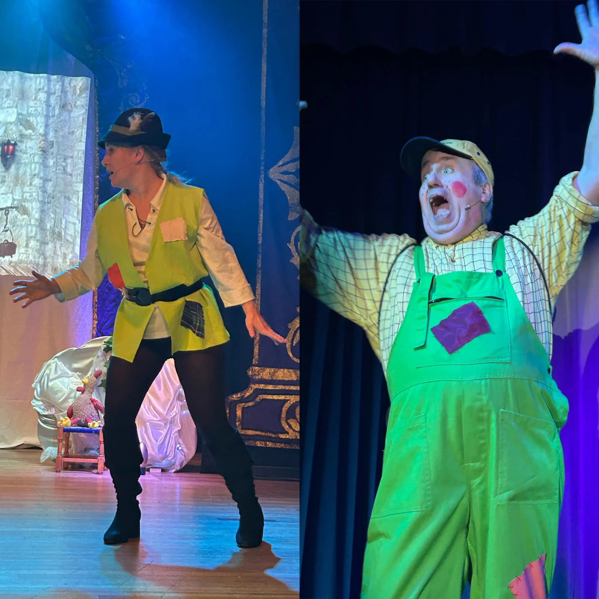 Two performers dressed in colorful costumes acting on stage with a curtain backdrop. The left performer is a woman wearing a yellow vest, white shirt, black pants, and a hat, in a dynamic pose. The right performer is a man wearing green overalls, a y