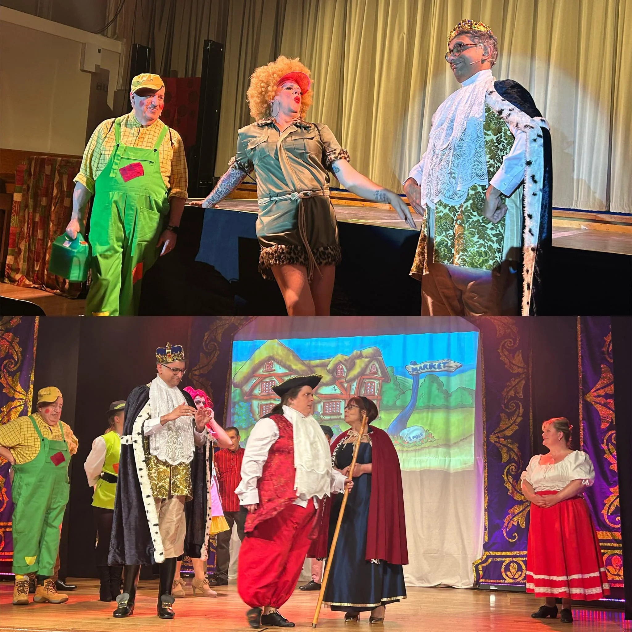Scenes from a theatrical play with actors in costume on stage, including a man dressed as a king, another as a lady in a fancy dress, and a man dressed as a queen. The stage has colorful backgrounds and curtains.