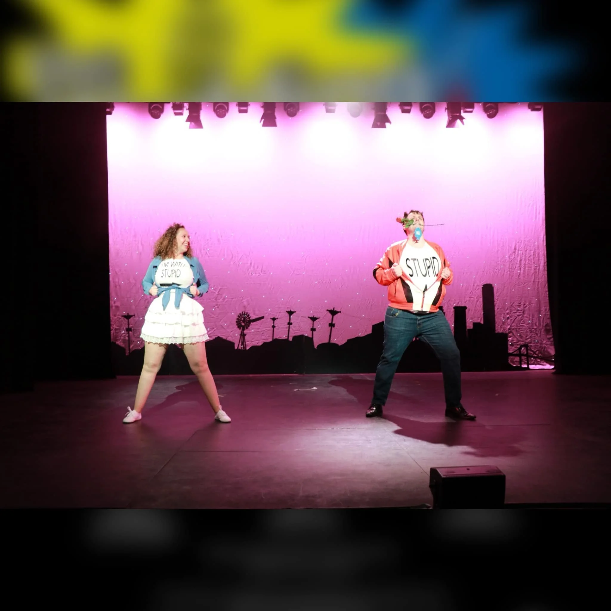 Two people on stage, one woman and one man, holding signs that say 'I'm with stupid' and 'stupid'. The background is a pink landscape with windmills and buildings, lit with pink and purple stage lights.