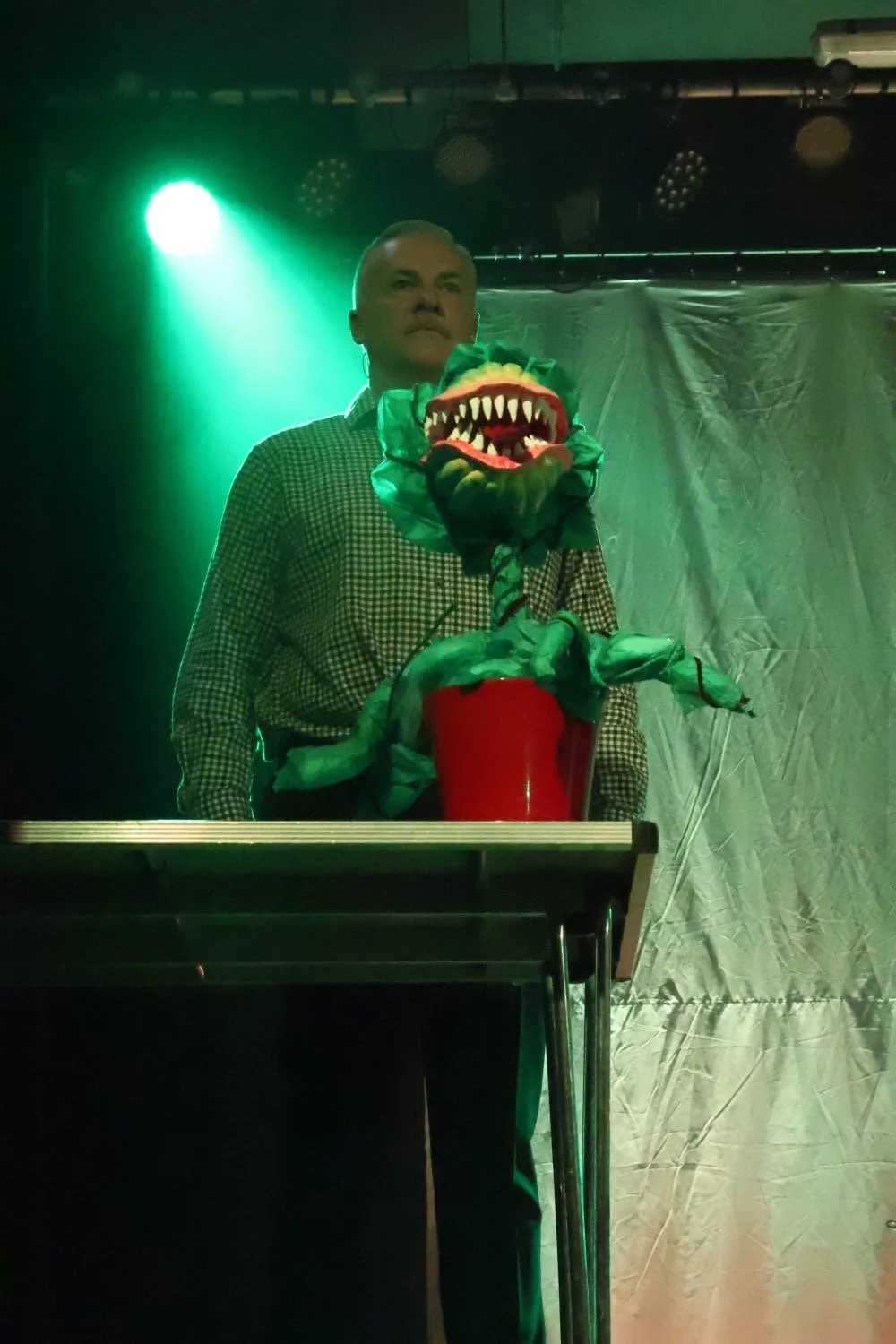 A man standing behind a table in front of a stage light, with a decorative plant with a face and teeth on the table.