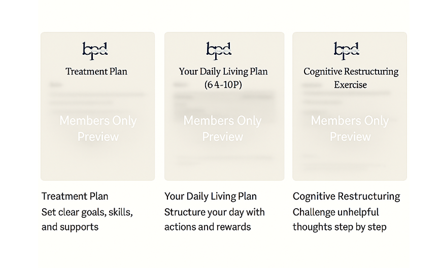 Three preview cards for mental health programs, including Treatment Plan, Your Daily Living Plan, and Cognitive Restructuring Exercise, with blurred details and 'Members Only Preview' watermark.