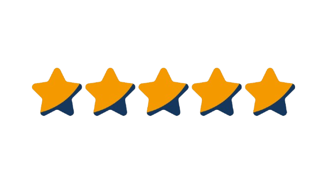 Five orange stars with a dark outline arranged in a horizontal line against a transparent background.