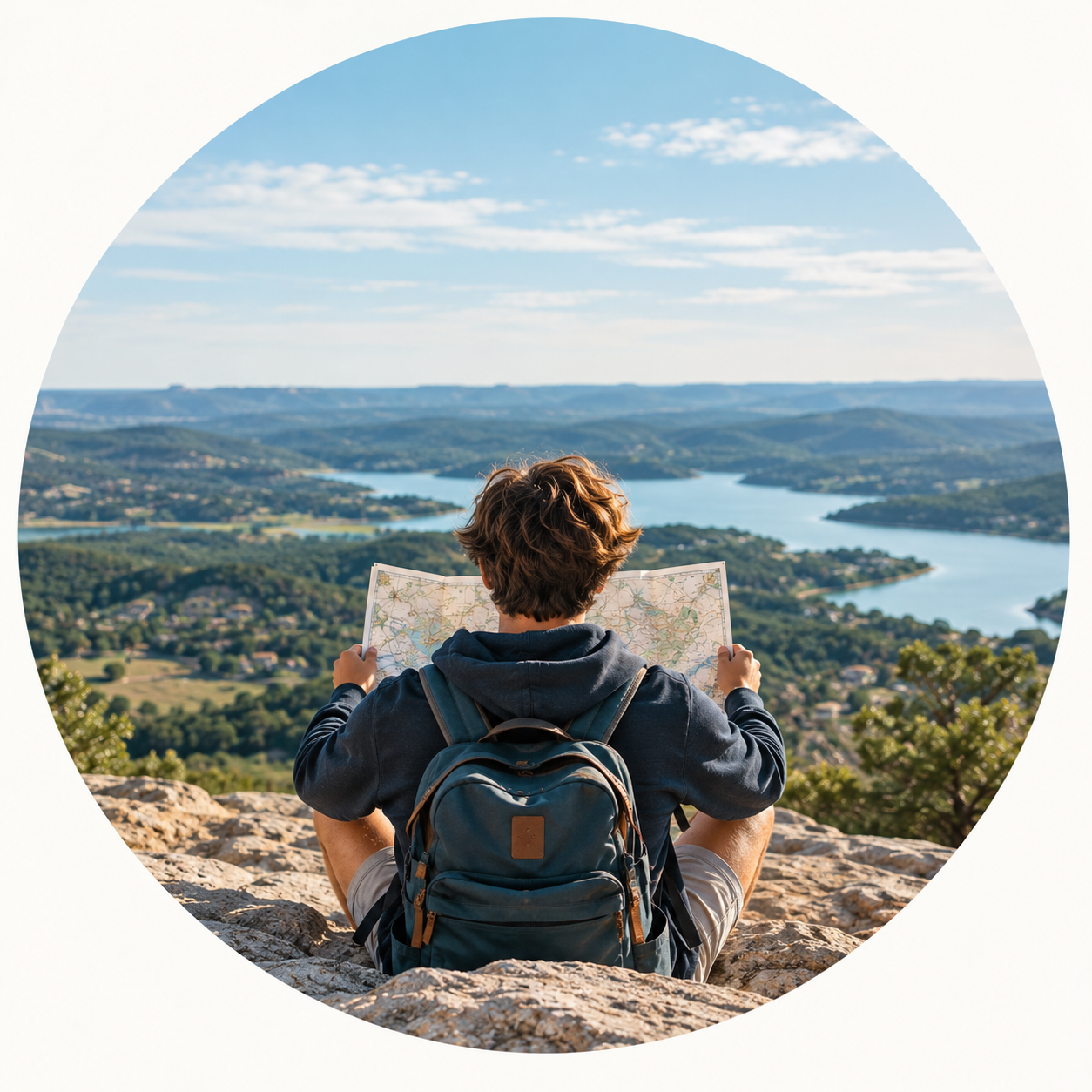 Hiker with a backpack studying a map overlooking a scenic lake and rolling hills
