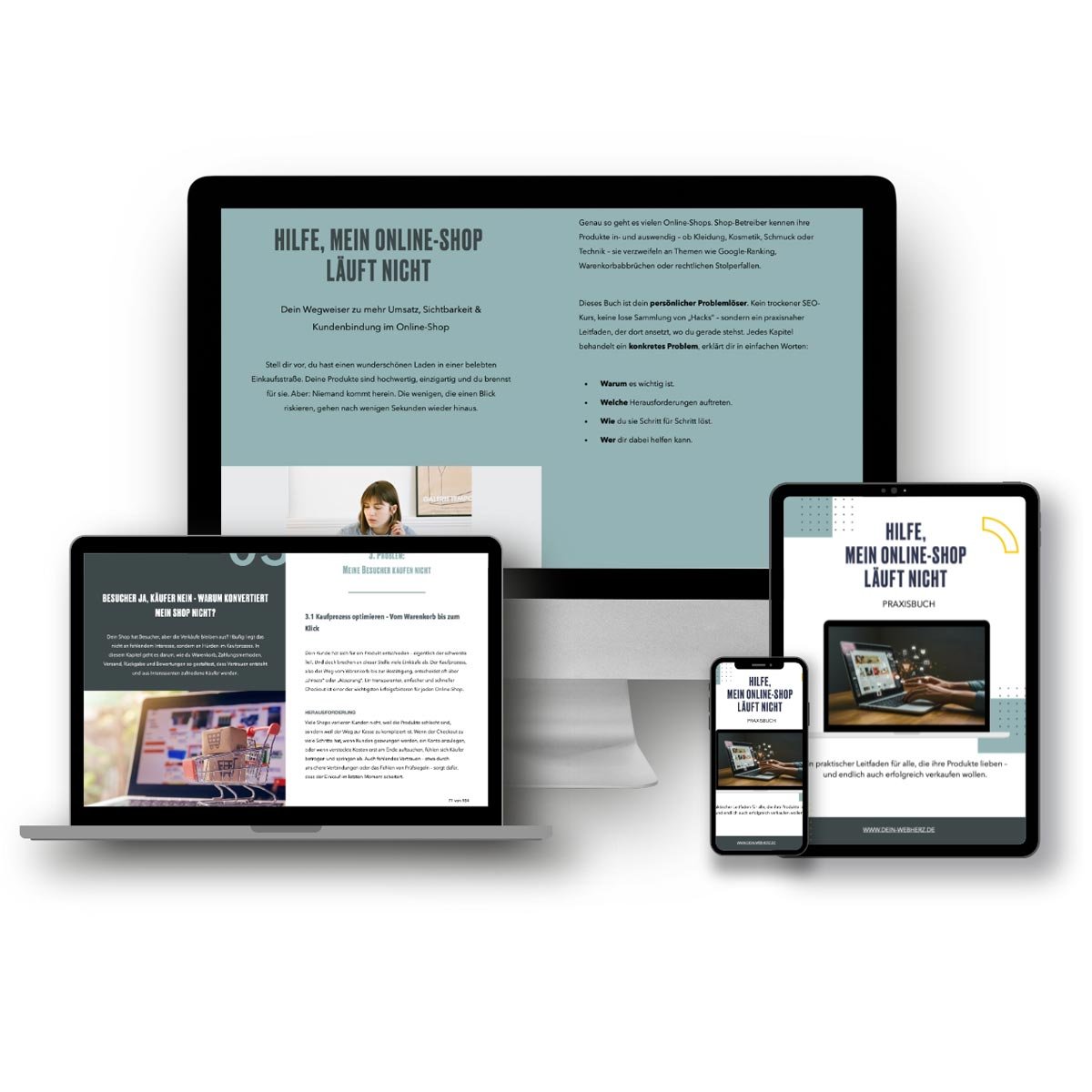 Das Ebook mit dem Titel Hilfe, mein Online-Shop läuft nicht wird auf unterschiedlichen Endgeräten dargestellt.