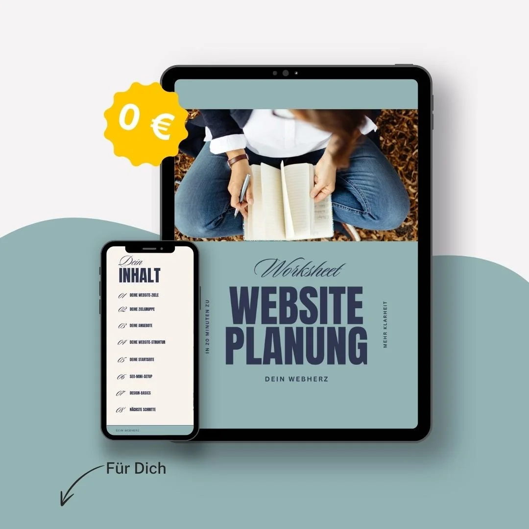Das Titelbild des Webherz Website-Planungs-Worksheet wird auf einem Tablet und einem Handy gezeigt.