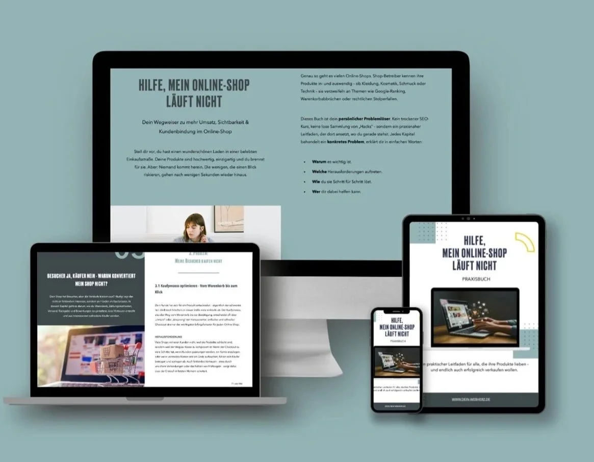 Das Ebook mit dem Titel Hilfe, mein Online-Shop läuft nicht, wird auf verschiedenen Endgeräten dargestellt.