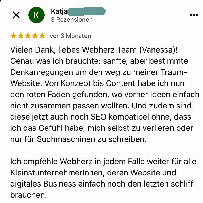 Kundenrezension bei Google Maps für die tolle Begleitung von Vanessa Lagnach zur eigene Website.