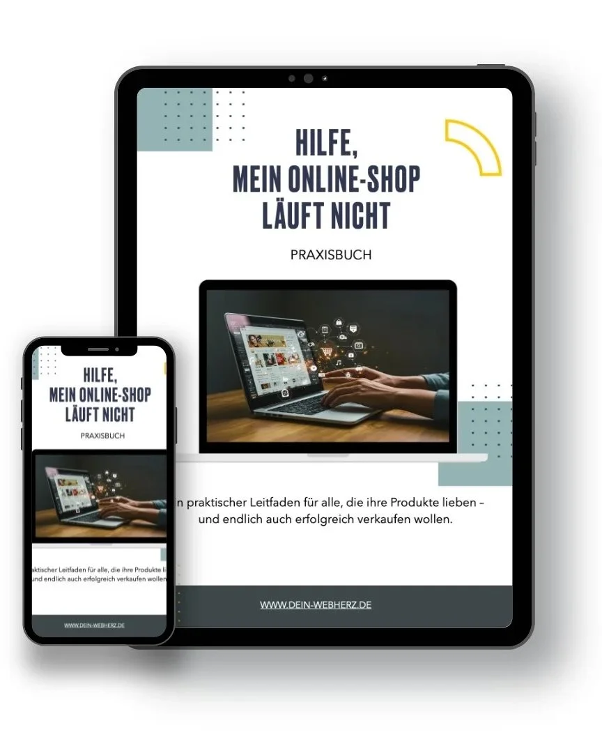 Das Ebook mit dem Titel Hilfe, mein Online-Shop läuft nicht wird auf einem Handy und einem Tablet dargestellt.