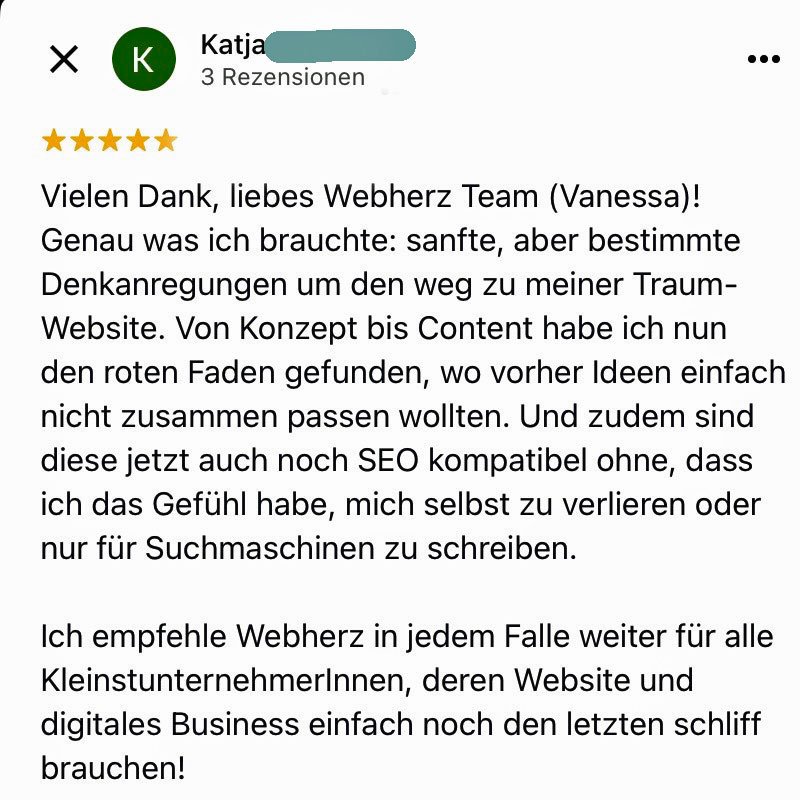 Eine Kundin beschreibt die Arbeit mit Dein Webherz als sehr positiv.