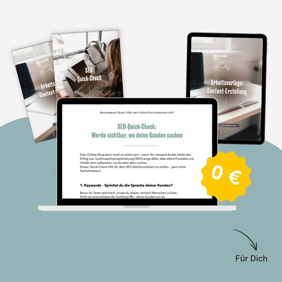 Das Bonusmaterial zum Ebook Hilfe, mein Online-Shop läuft nicht auf dem Laptop dargestellt.