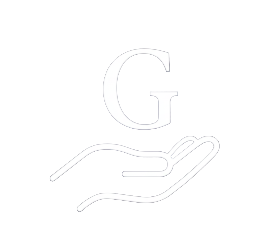 A logo featuring a white hand holding a large white letter G on a black background.