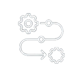 Flowchart with gears and arrows on a black background.
