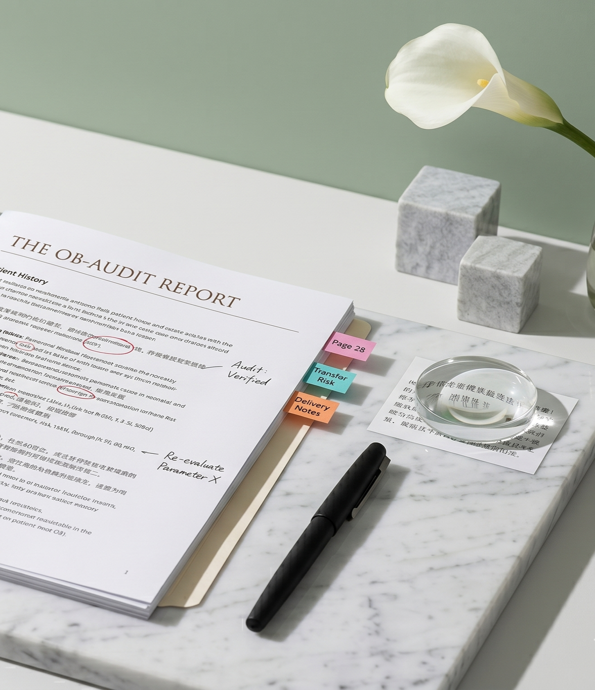 A flat lay of a medical report titled 'The OB-Audit Report' on a marble surface with color-coded sticky tabs, a black pen, a petri dish, and decorative items like marble blocks and a white calla lily.