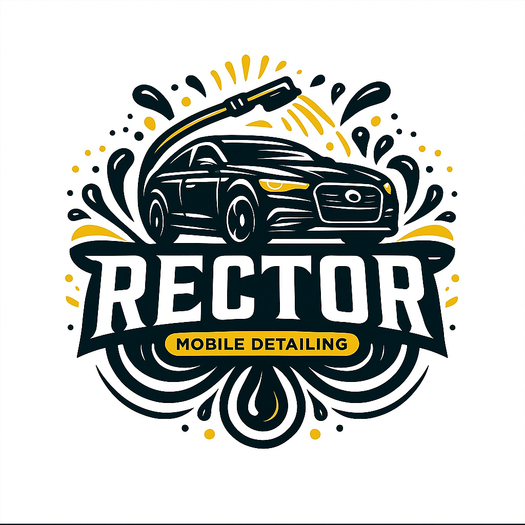 Logo for 'Rector Mobile Detailing' featuring a stylized black car with yellow highlights and decorative splashes, with the text 'Rector' in large bold letters and 'Mobile Detailing' in a yellow banner below.
