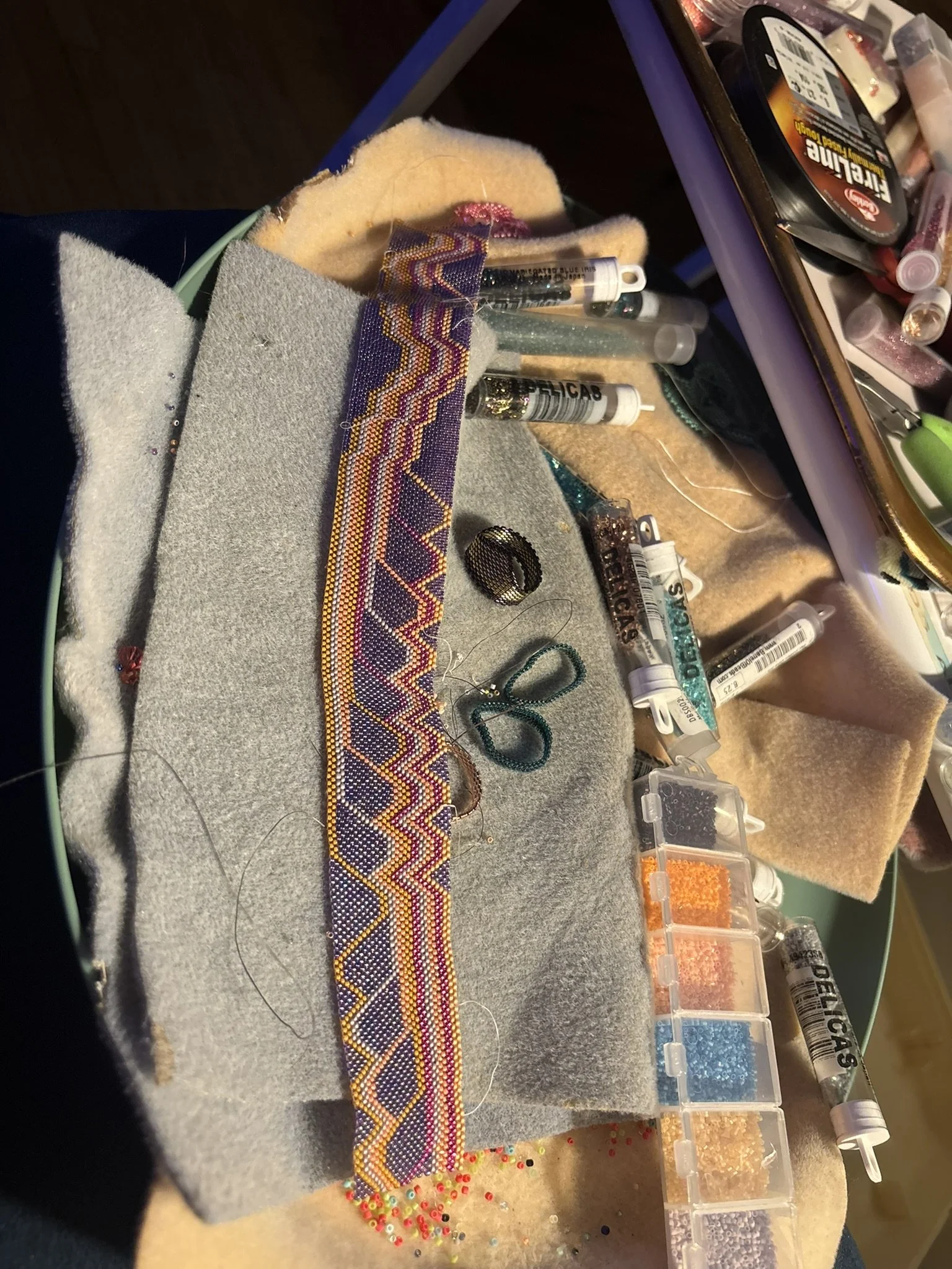 A further work in progress of the beaded hat band. it’s about 14 inches in this photo.