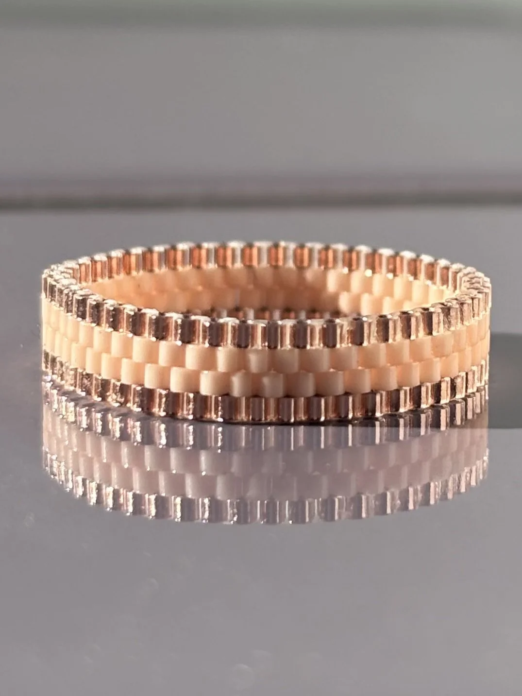 Front view of the Metallic Rose baby pink stackable ring